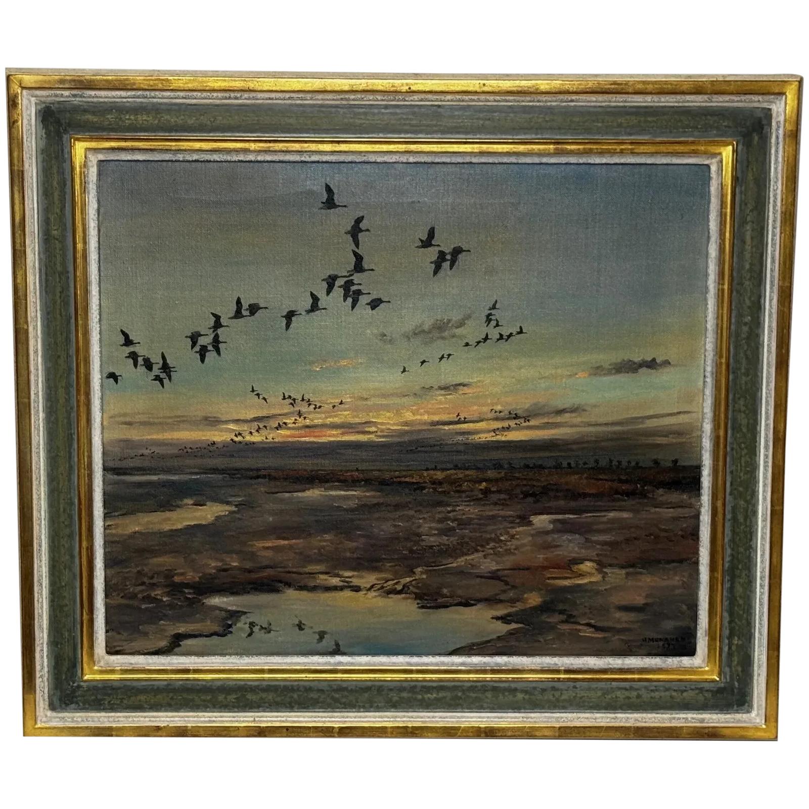 Oil Painting Skein Brent Geese Flying Over The Fens By Hugh Monahan (1 of 52)