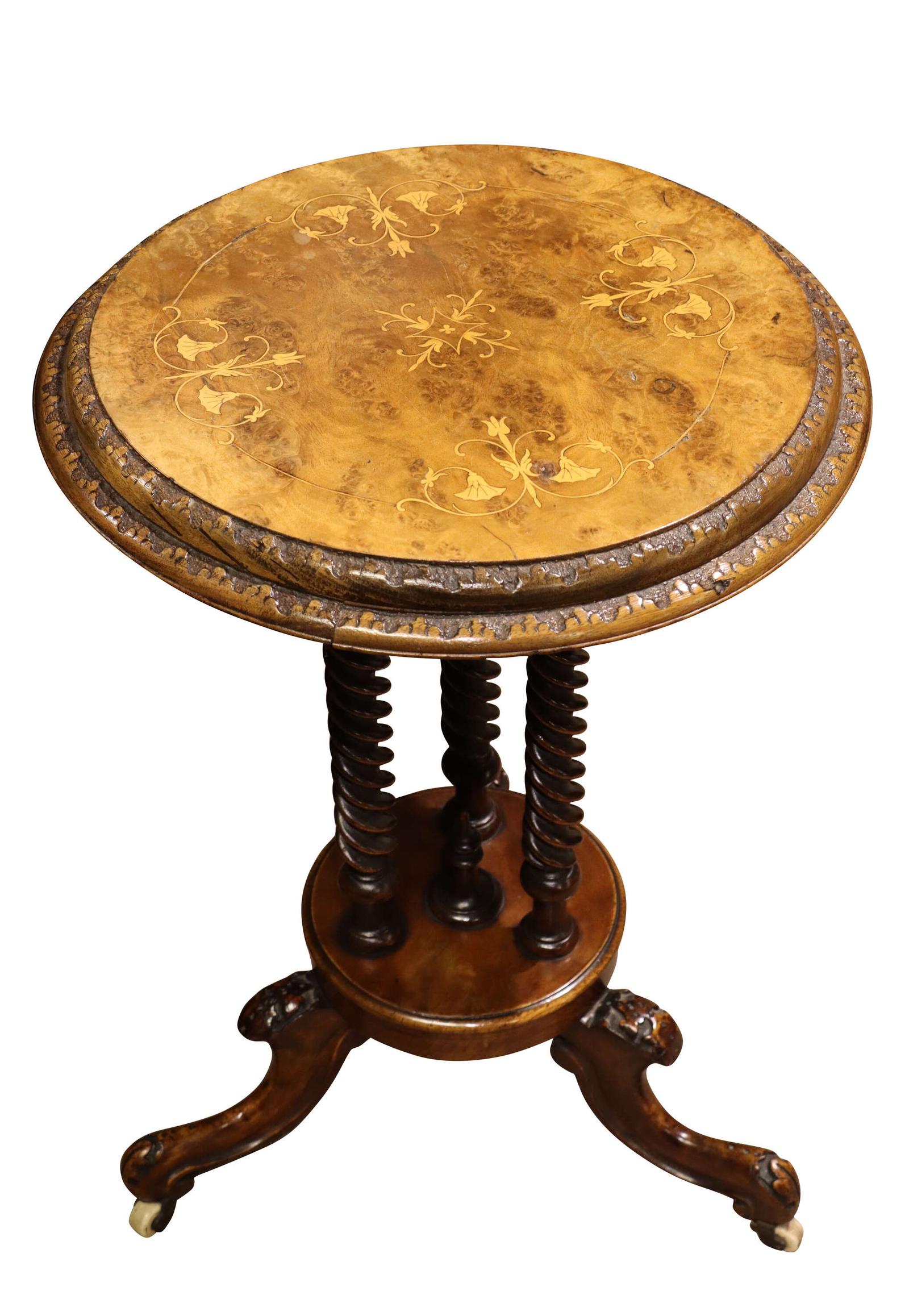 Unusual Victorian Circular Inlaid Burr Walnut Lamp Table - England c.1870 (1 of 3)