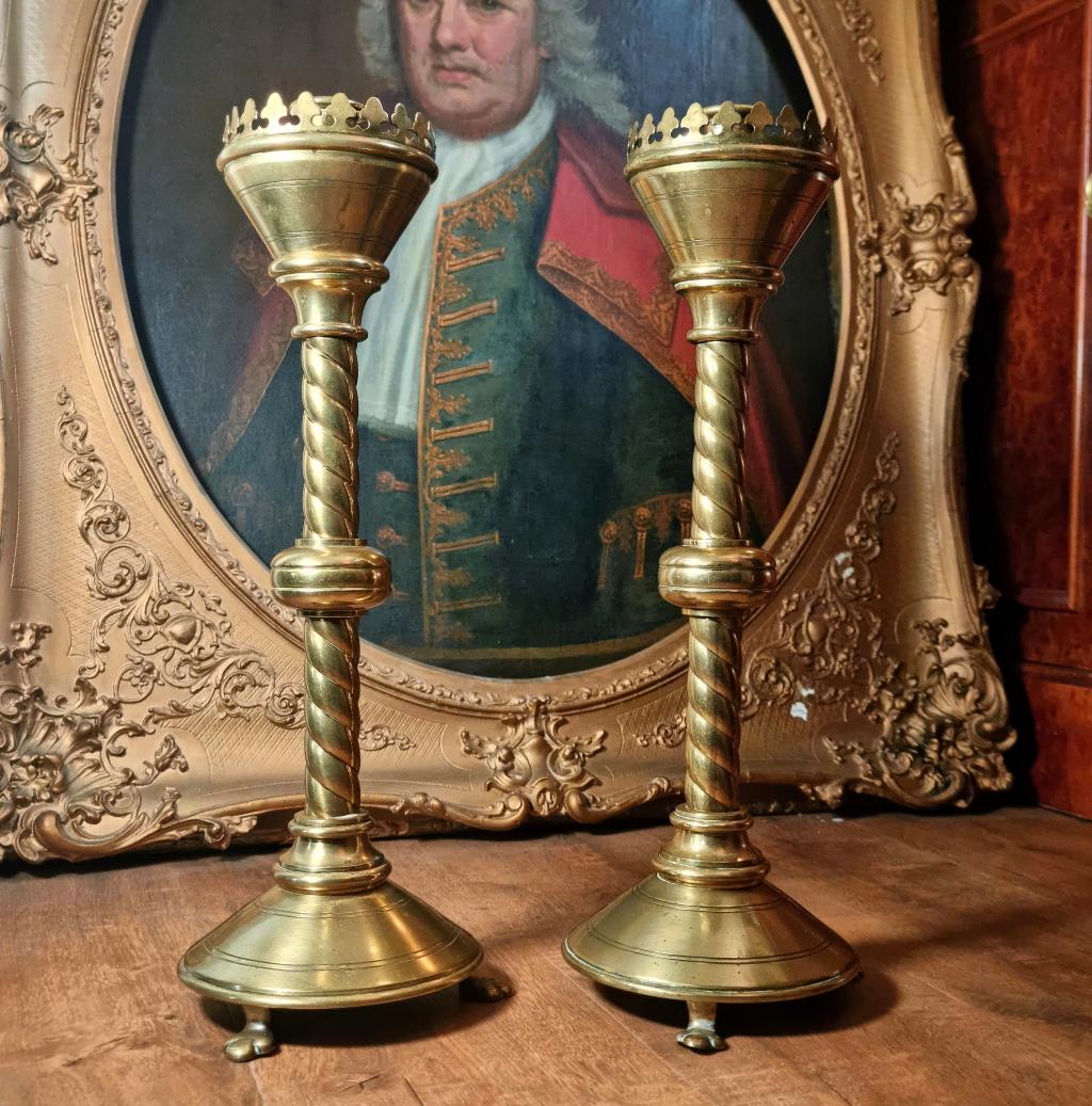 Pair of Gothic Revival Pugin Brass Candle Stick Holders Victorian (1 of 10)