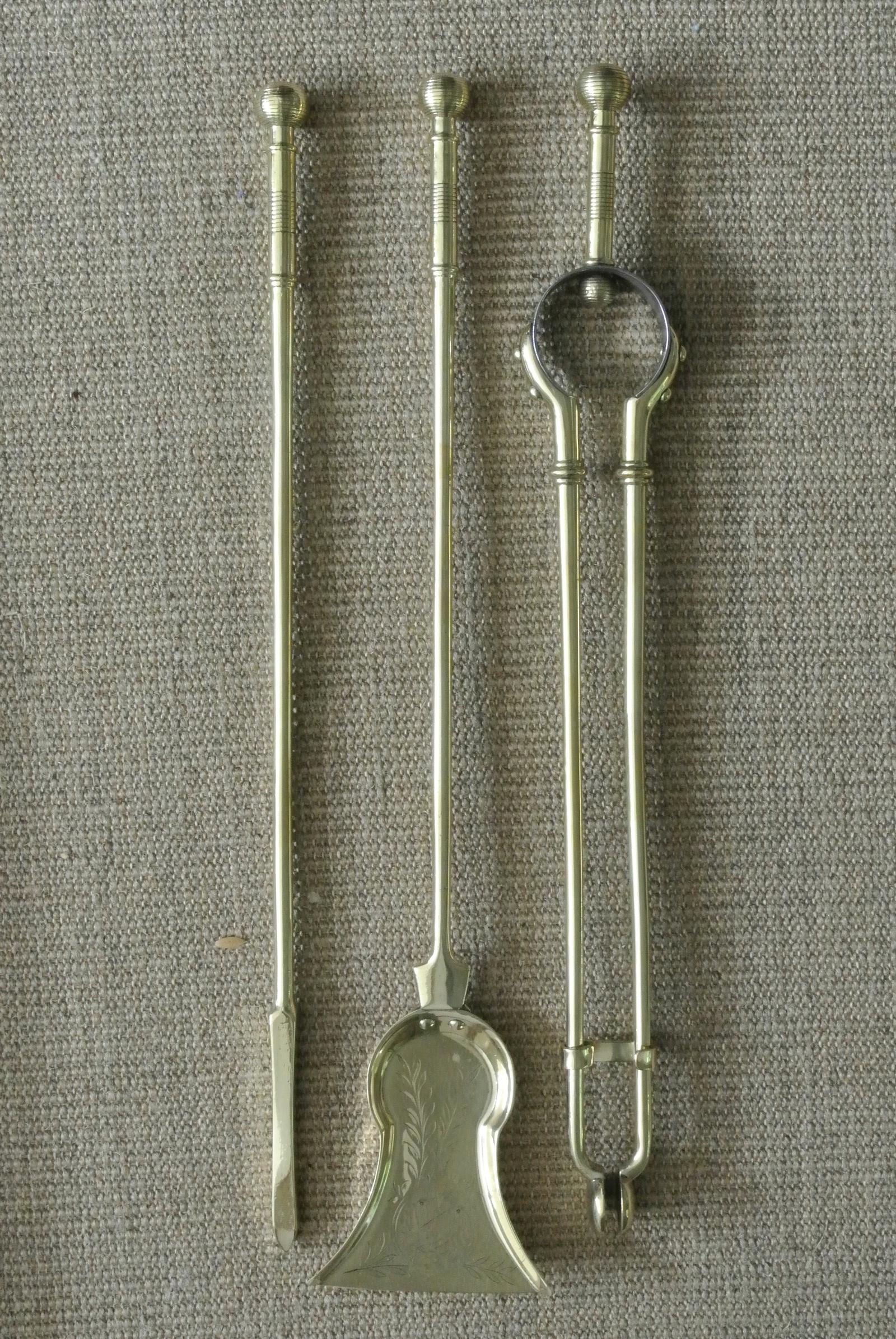 Set of Aesthetic Movement Brass Fire Irons Poker Tongs Shovel c.1880 (1 of 10)