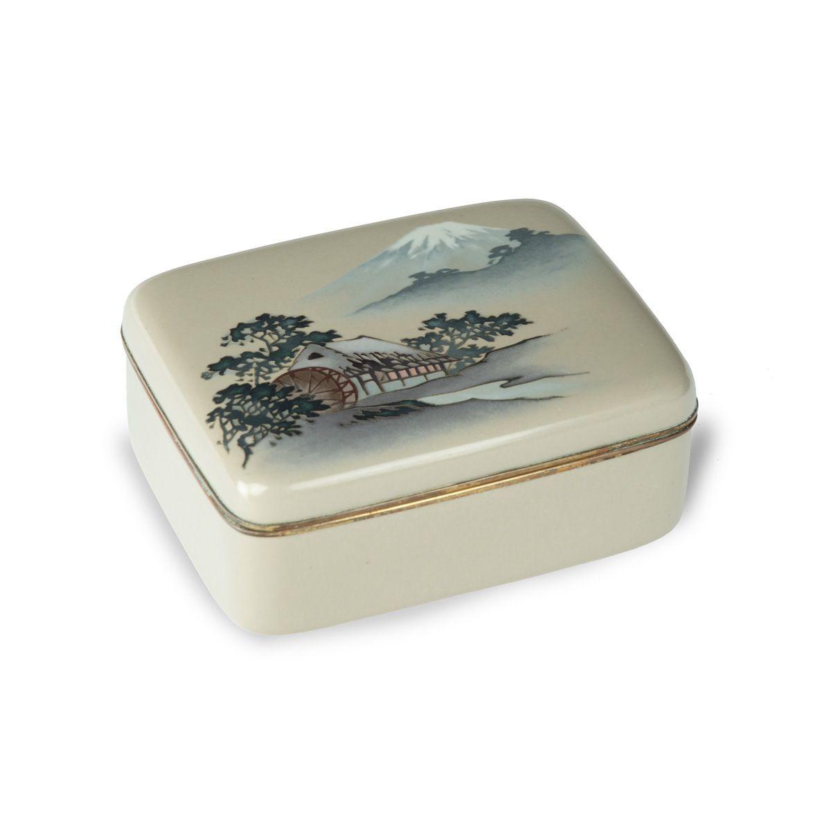 Taisho Period Cloisonné Box + Cover with Watermill & Mount Fuji (1 of 4)