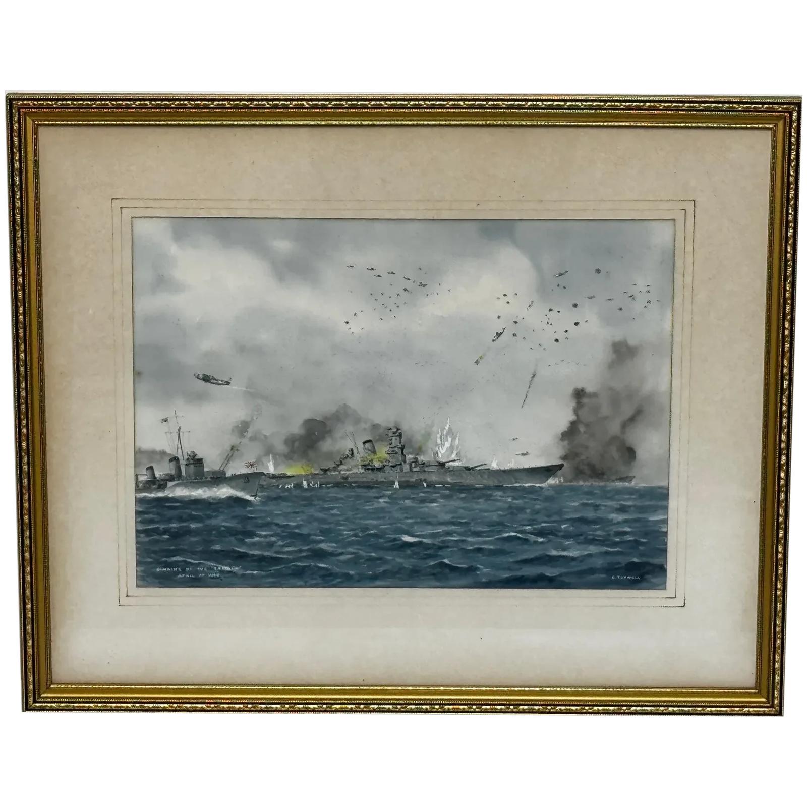Dramatic Marine Framed Watercolour Painting Sinking of Battleship Yamato April 1945 (1 of 47)