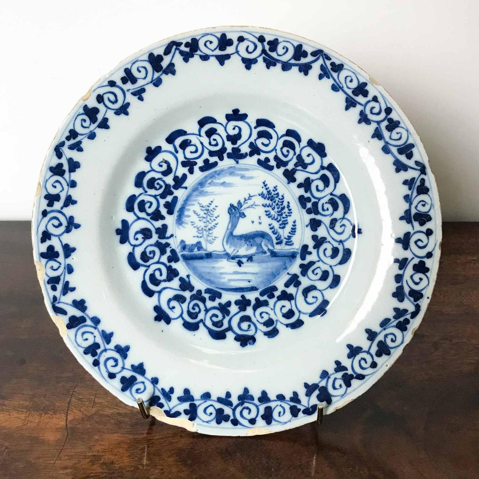 18th Century Delft Plate with Recumbent Deer (1 of 6)