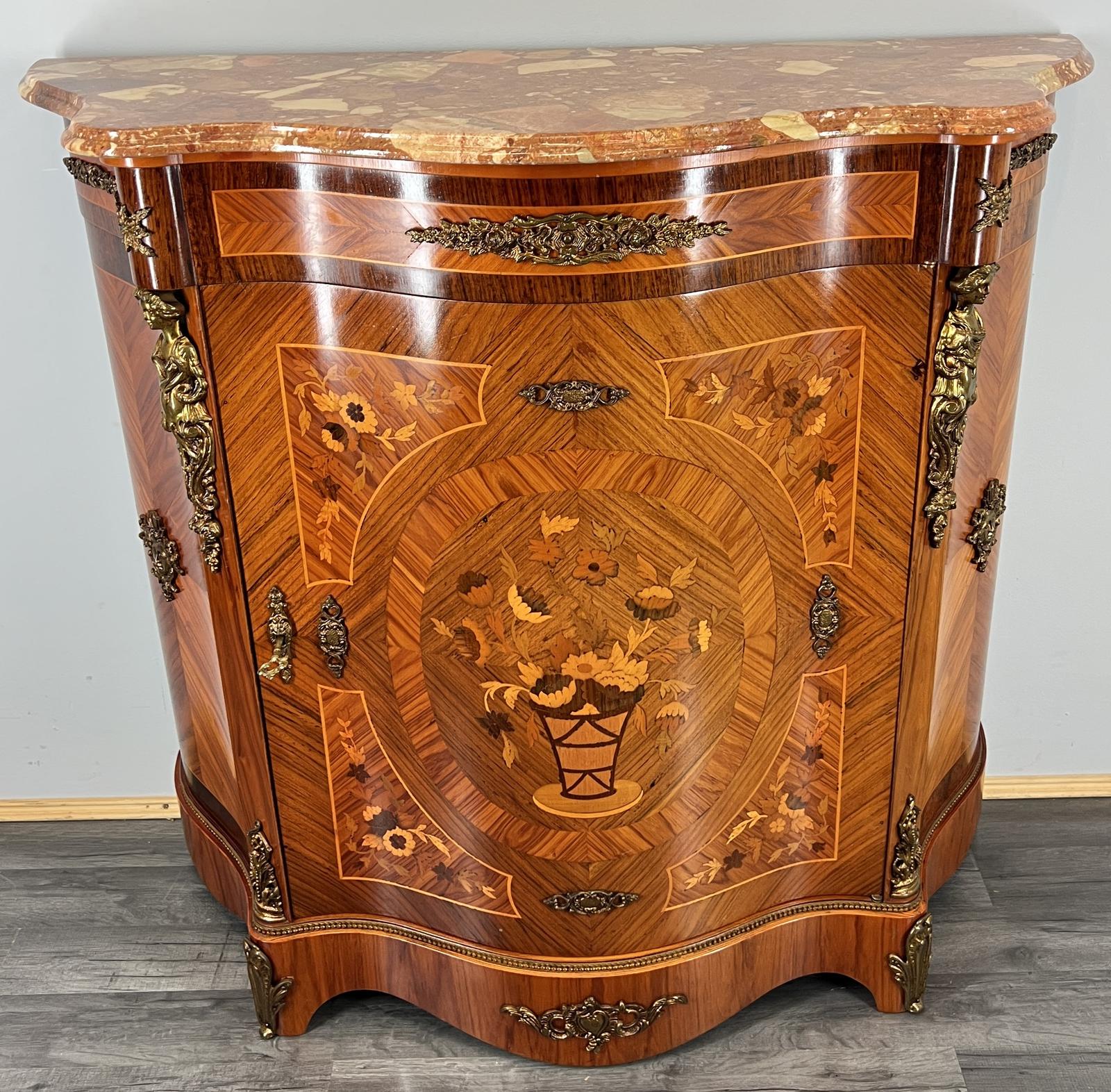 Cabinet Vintage French Marble Top Inlaid Sideboard with Brass Ormolu (1 of 16)