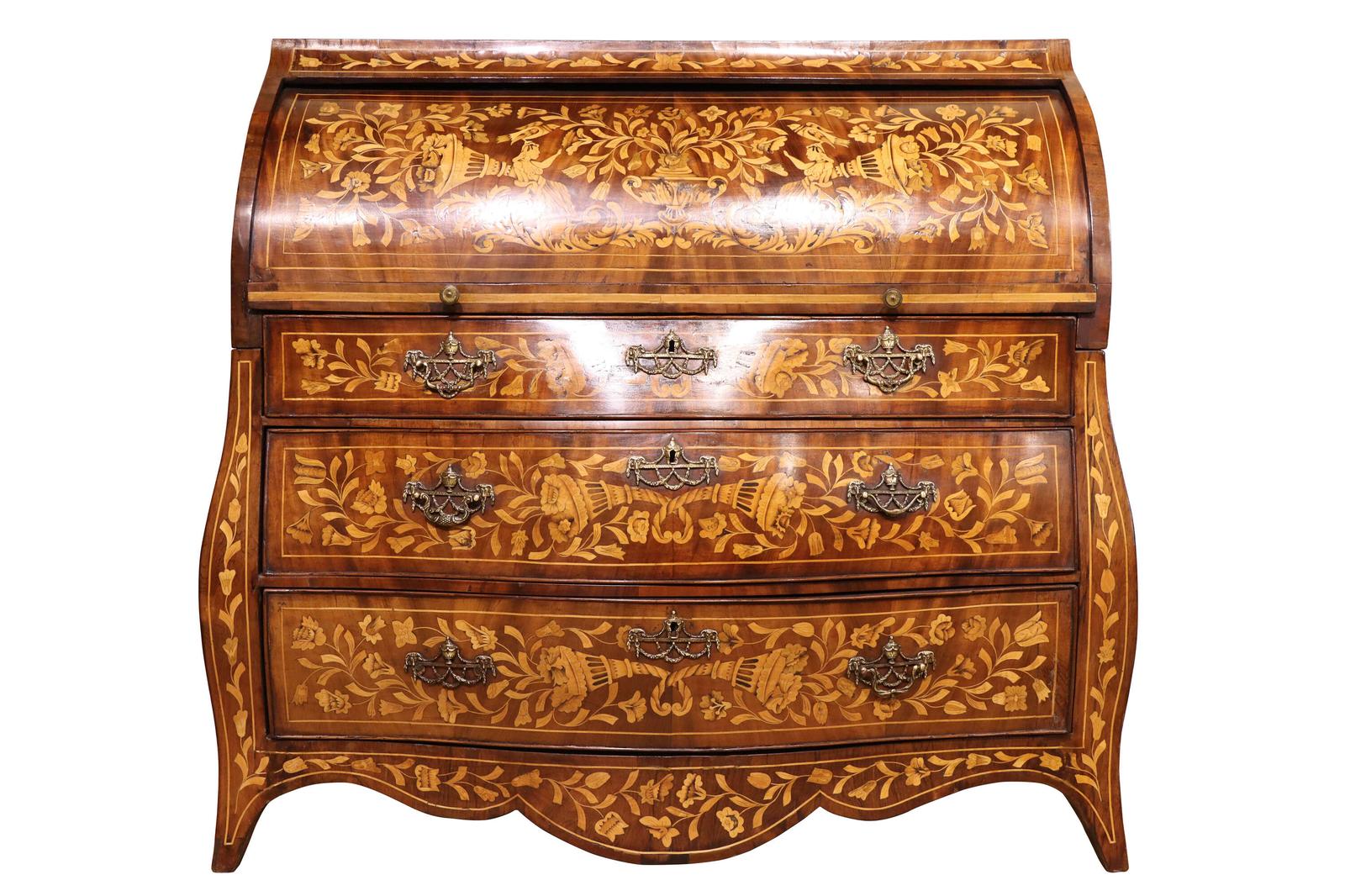 Dutch Bombe Fronted Cylinder Bureau with Floral Marquetry c.1800 (1 of 6)