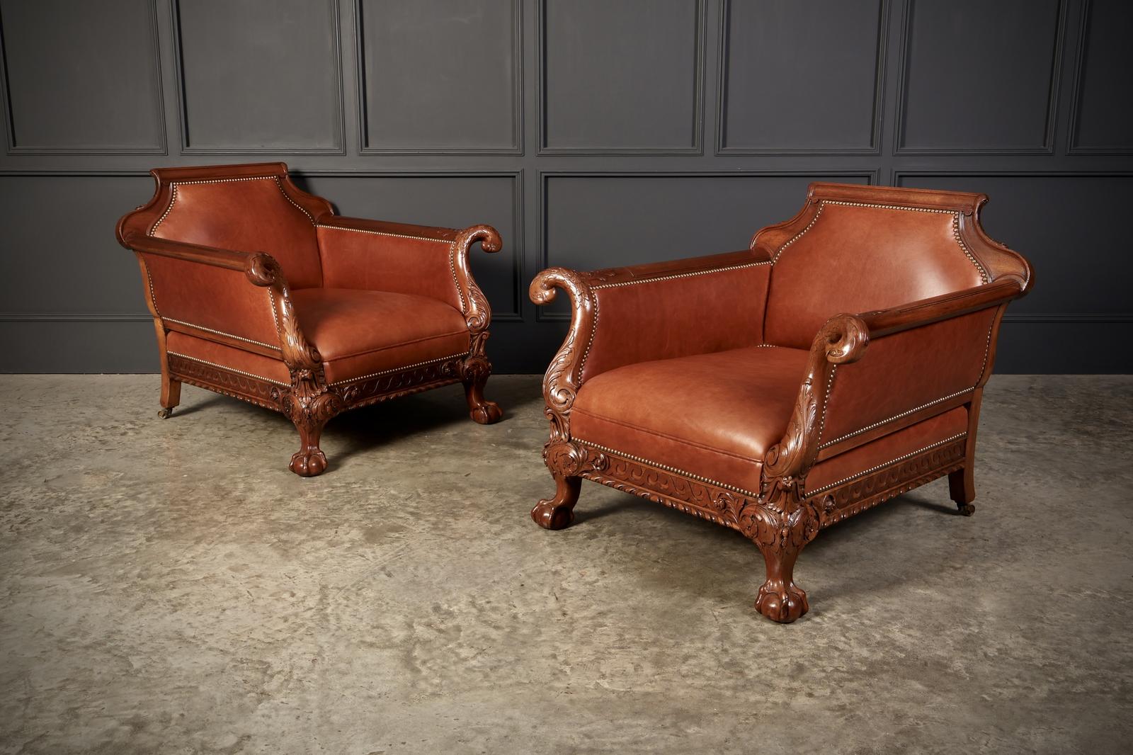 Pair of Carved Mahogany & Leather Library Armchairs (1 of 15) Pair of Carved Mahogany & Leather Library Armchairs (1 of 15)