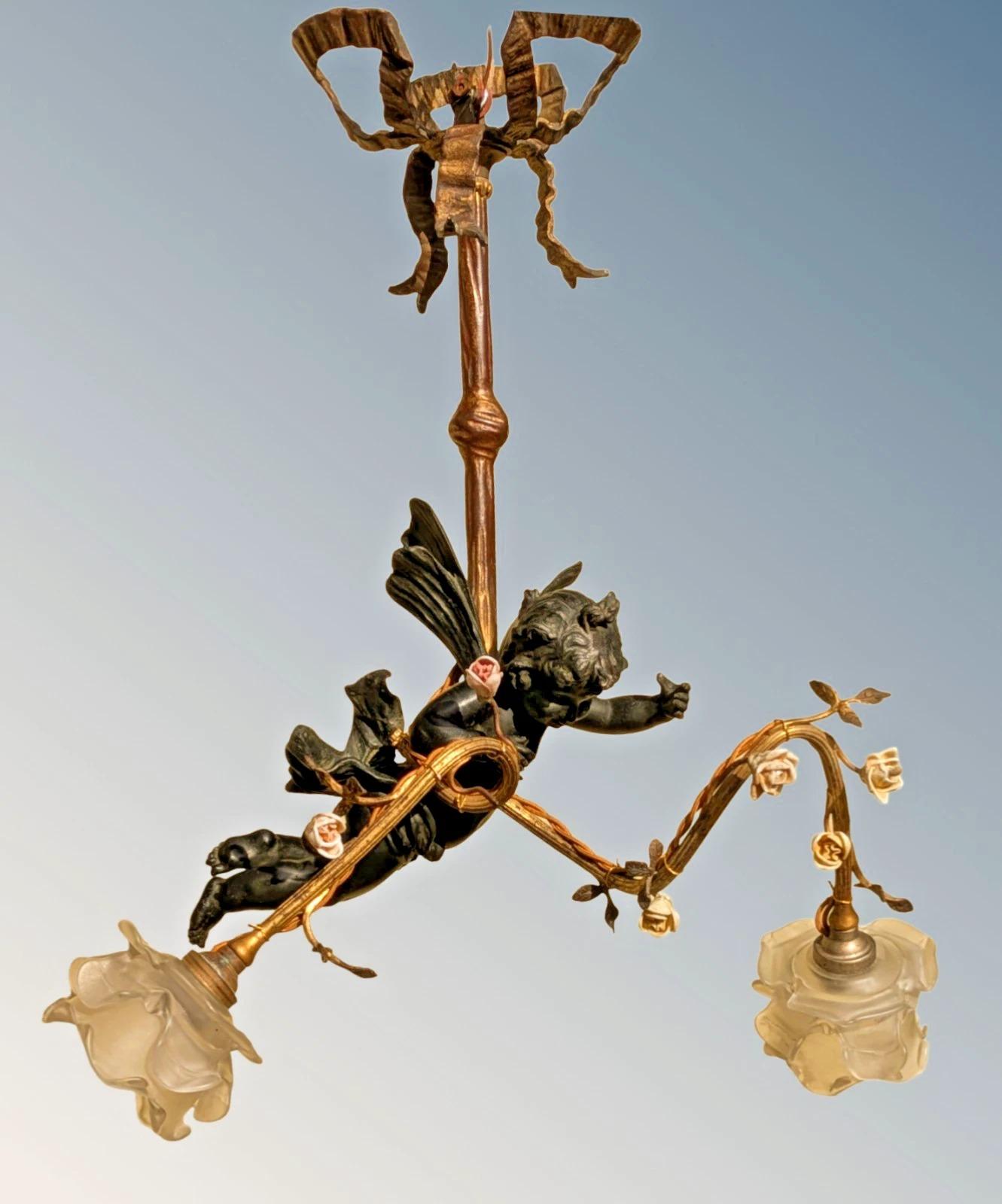 Antique French Bronze and Ormolu Chandelier Twin Light with Angelic Cherub (1 of 9)