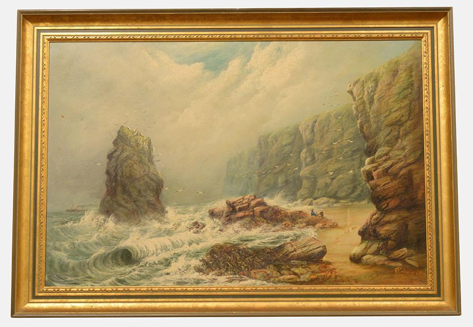 19th Century Oil on Canvas of Stormy Beach (1 of 4)