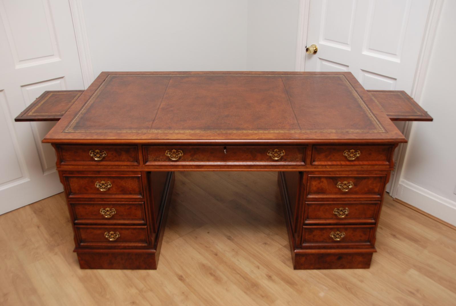 Burr Walnut Twin Pedestal Partners Desk Tan Leather Top Surface (1 of 14)