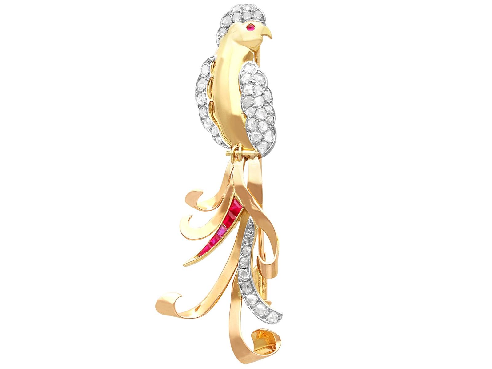 Vintage 1.16ct Diamond & 0.16ct Ruby, 18k Yellow Gold Bird Brooch (1 of 9)