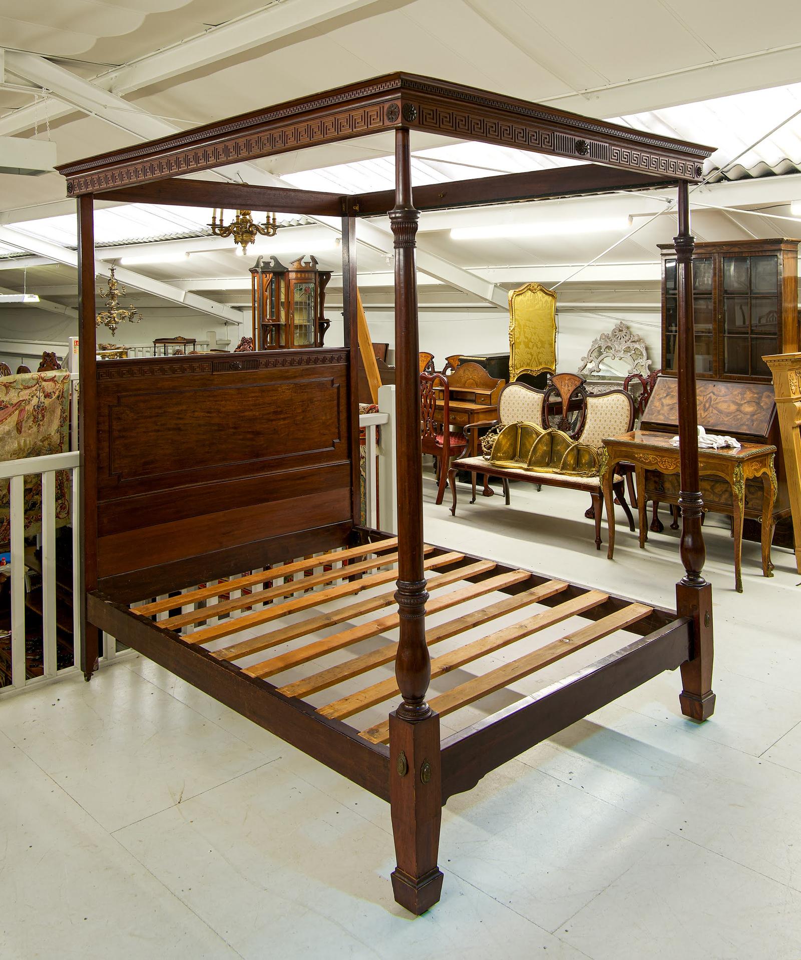 Edwardian Mahogany Four Poster Bed with Greek-key Carving c.1905 (1 of 6)