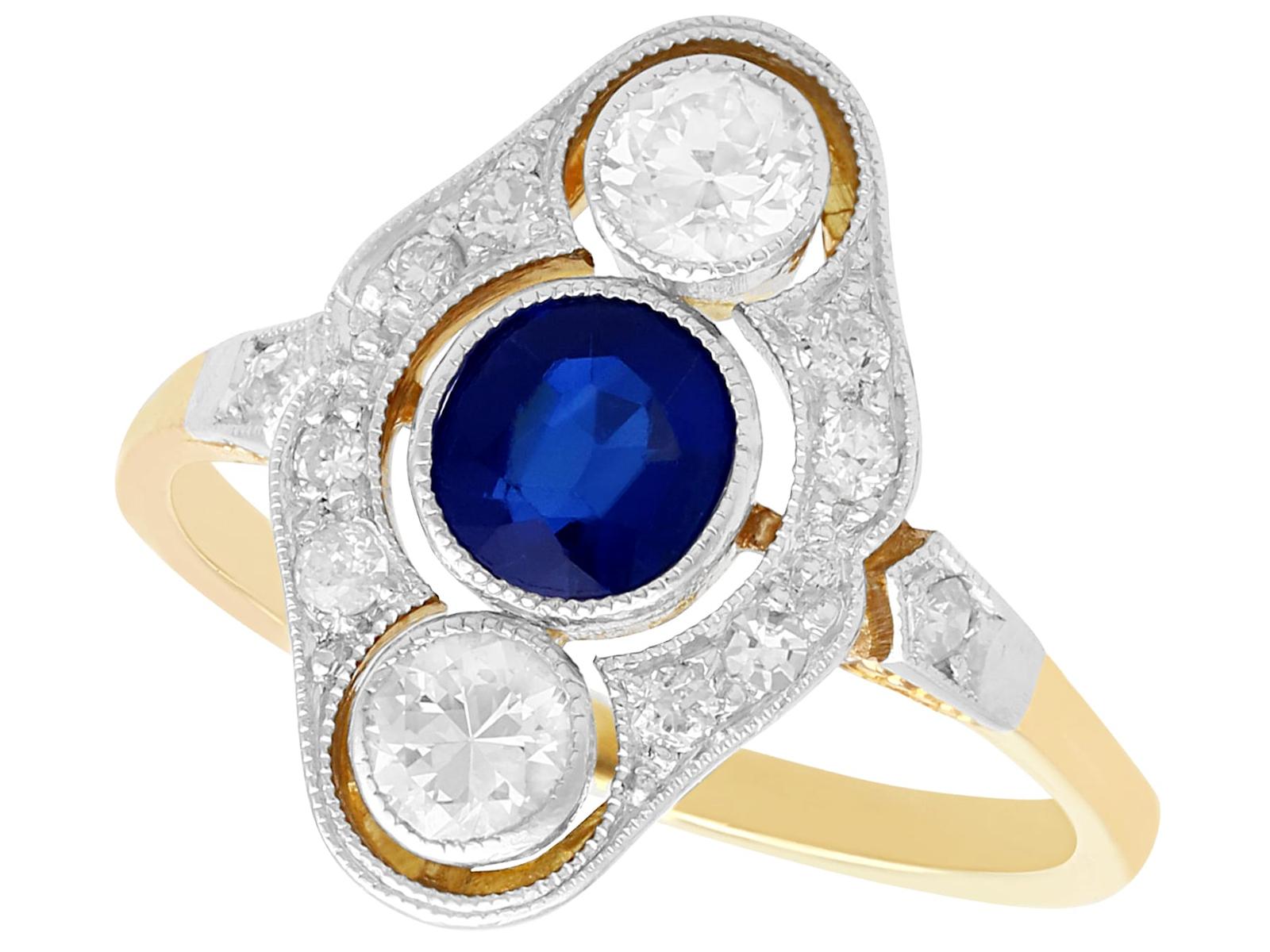 0.38ct Sapphire & 0.50ct Diamond, 14ct Yellow Gold Dress Ring - Art Deco - Vintage c.1940 (1 of 9)
