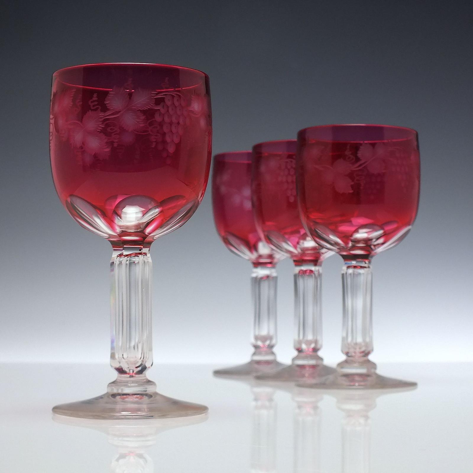 Four Victorian Engraved Cranberry Wine Glasses c.1880 (1 of 8)