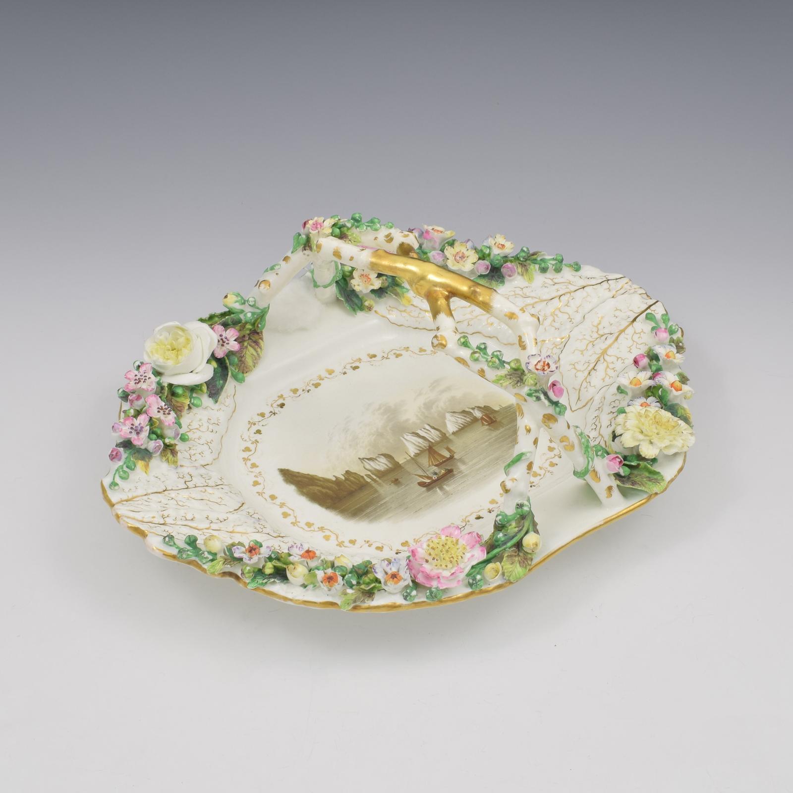 Large Rockingham Porcelain Flower Encrusted Basket Landscape View Isle of Wight Needles c.1835 (1 of 20)