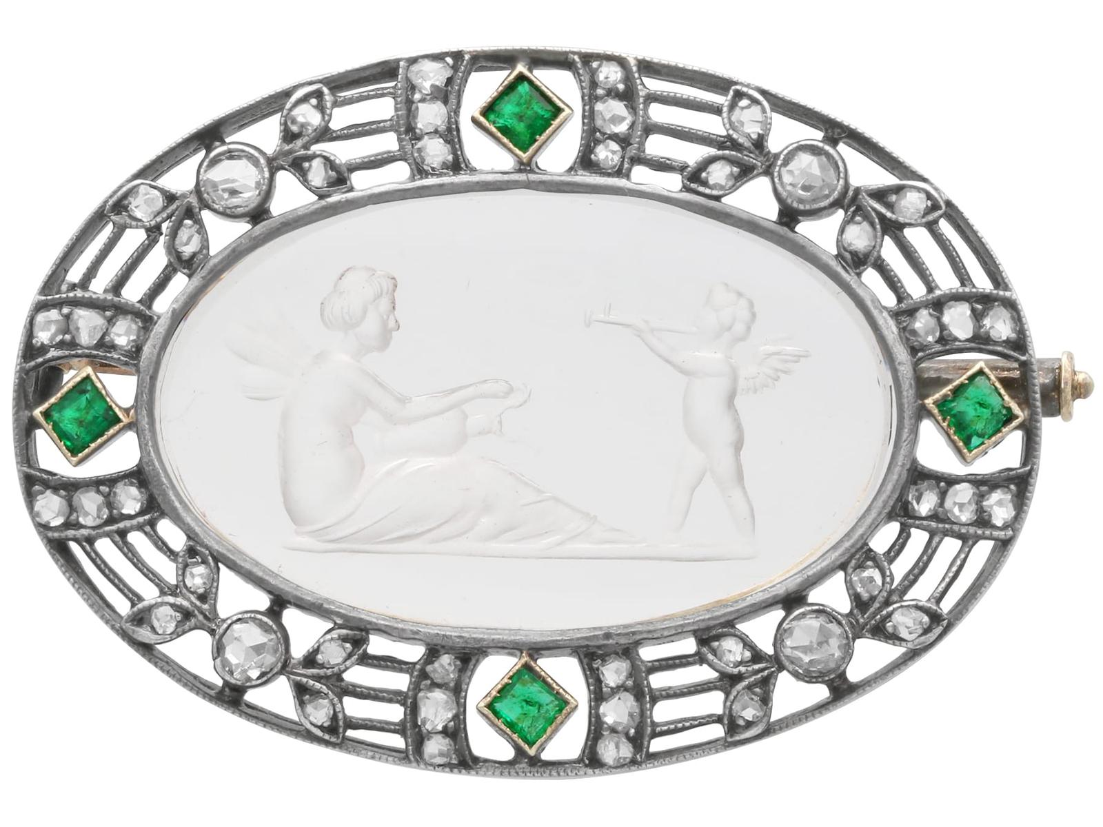 Antique Crystal, 0.14ct Emerald, 0.58ct Diamond and 18ct Yellow Gold Cupid & Psyche Brooch c.1880 (1 of 10)