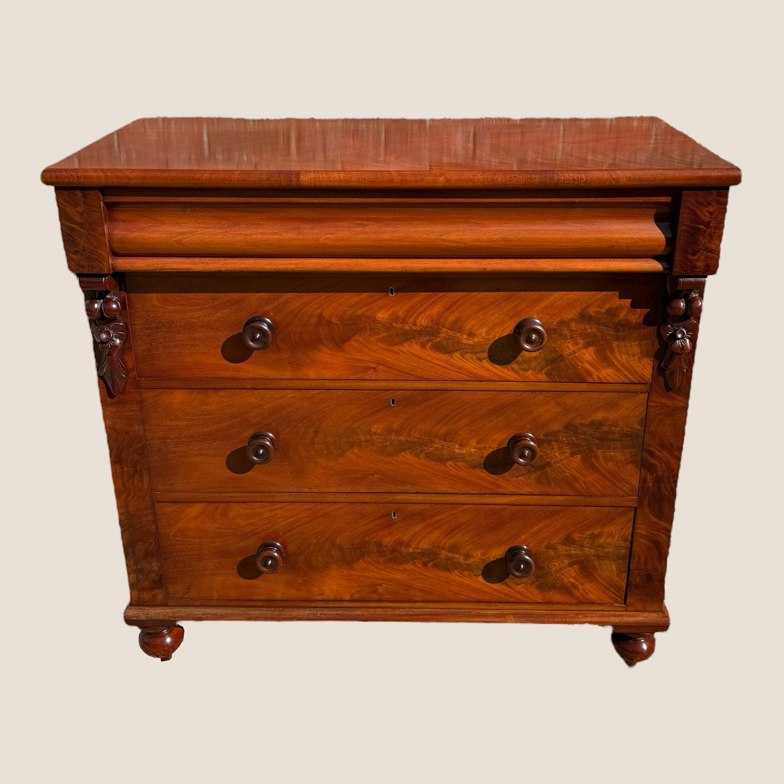 Antique Scottish Victorian Flame Mahogany Chest of 4 Drawers with Wooden Handles (1 of 12)