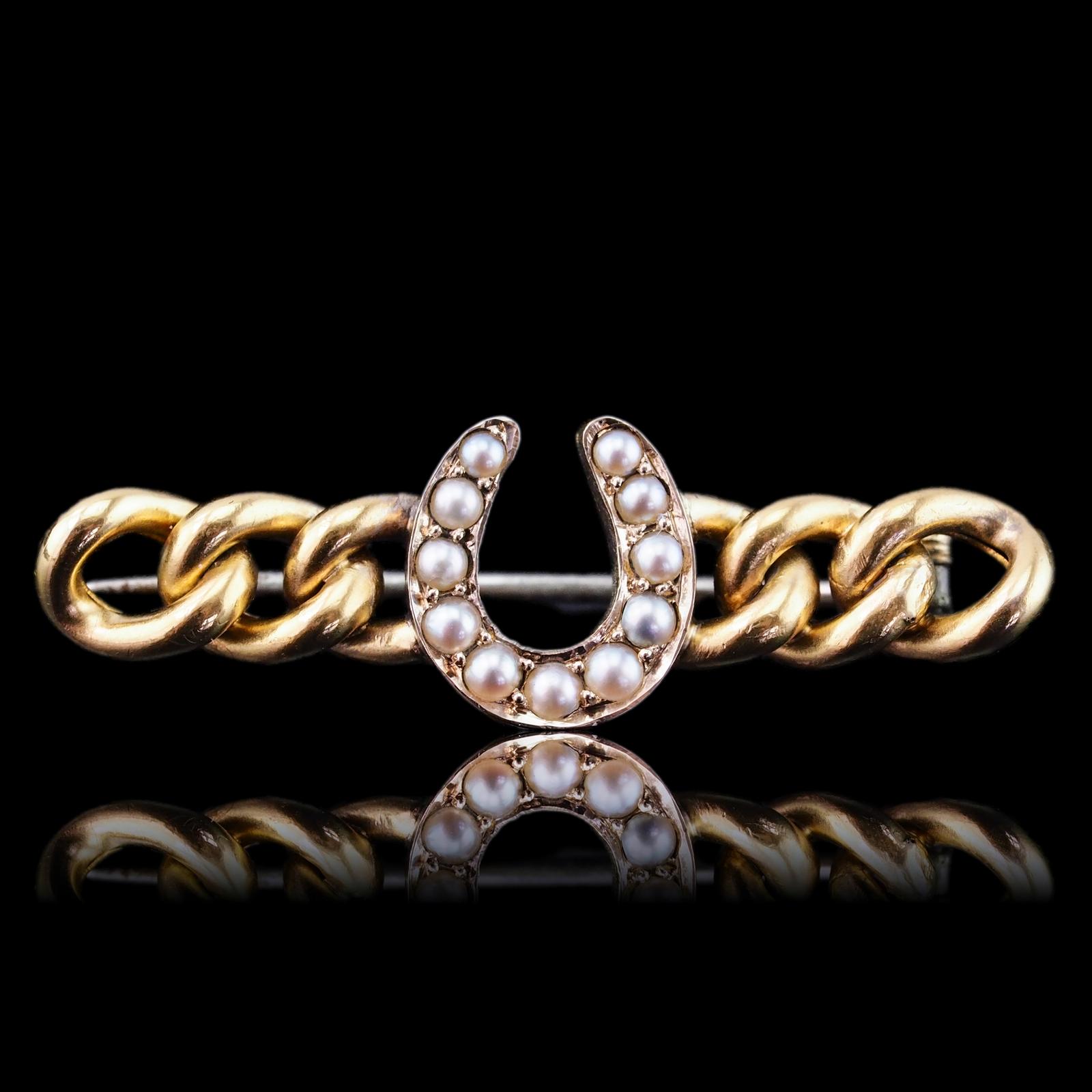 Antique Victorian Horseshoe Pearl Brooch 15K Gold - c.1900 (1 of 18)
