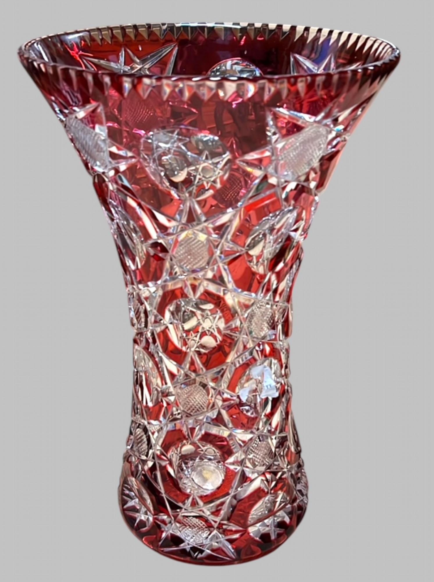 Attractive Cranberry Overlaid Hand Cut Crystal Vase (1 of 4)