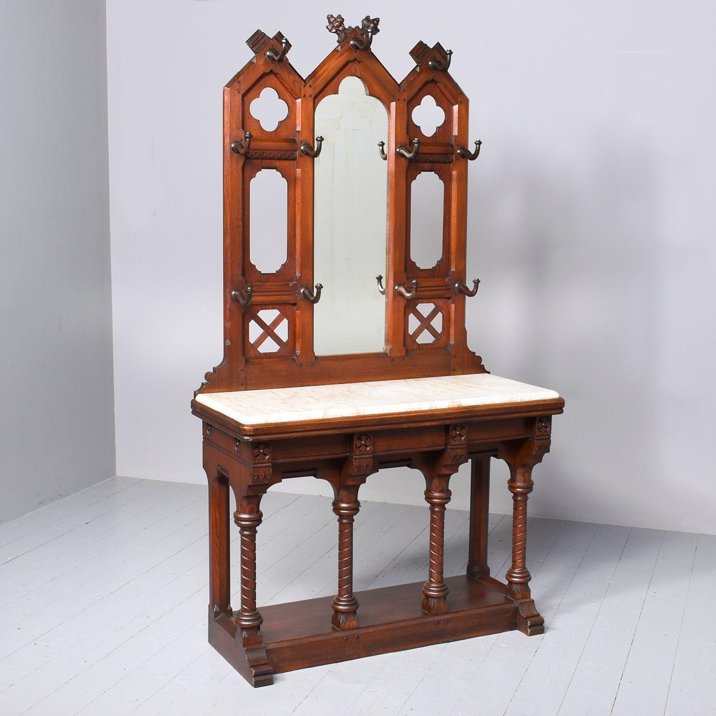 Victorian Pitch Pine & Marble Gothic Hall Stand (1 of 10) Victorian Pitch Pine & Marble Gothic Hall Stand (1 of 10)