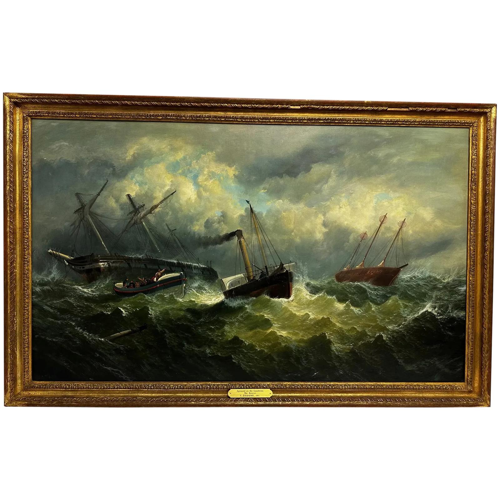 Huge Victorian Oil Painting Floundering Ship Rescue Goodwin Sands by William Broome (1 of 78) Huge Victorian Oil Painting Floundering Ship Rescue Goodwin Sands by William Broome (1 of 78)