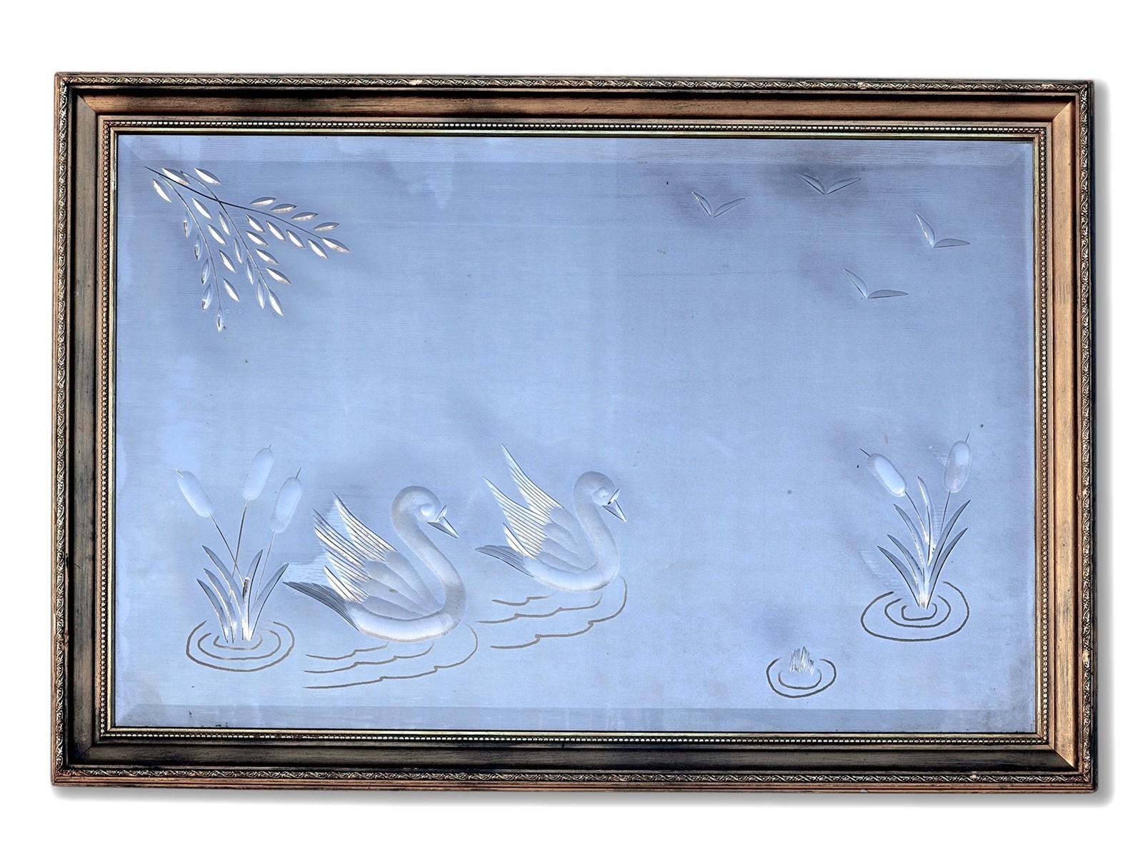 1960s Brilliant Cut Pub Mirror with Swans & Lillies (1 of 9)
