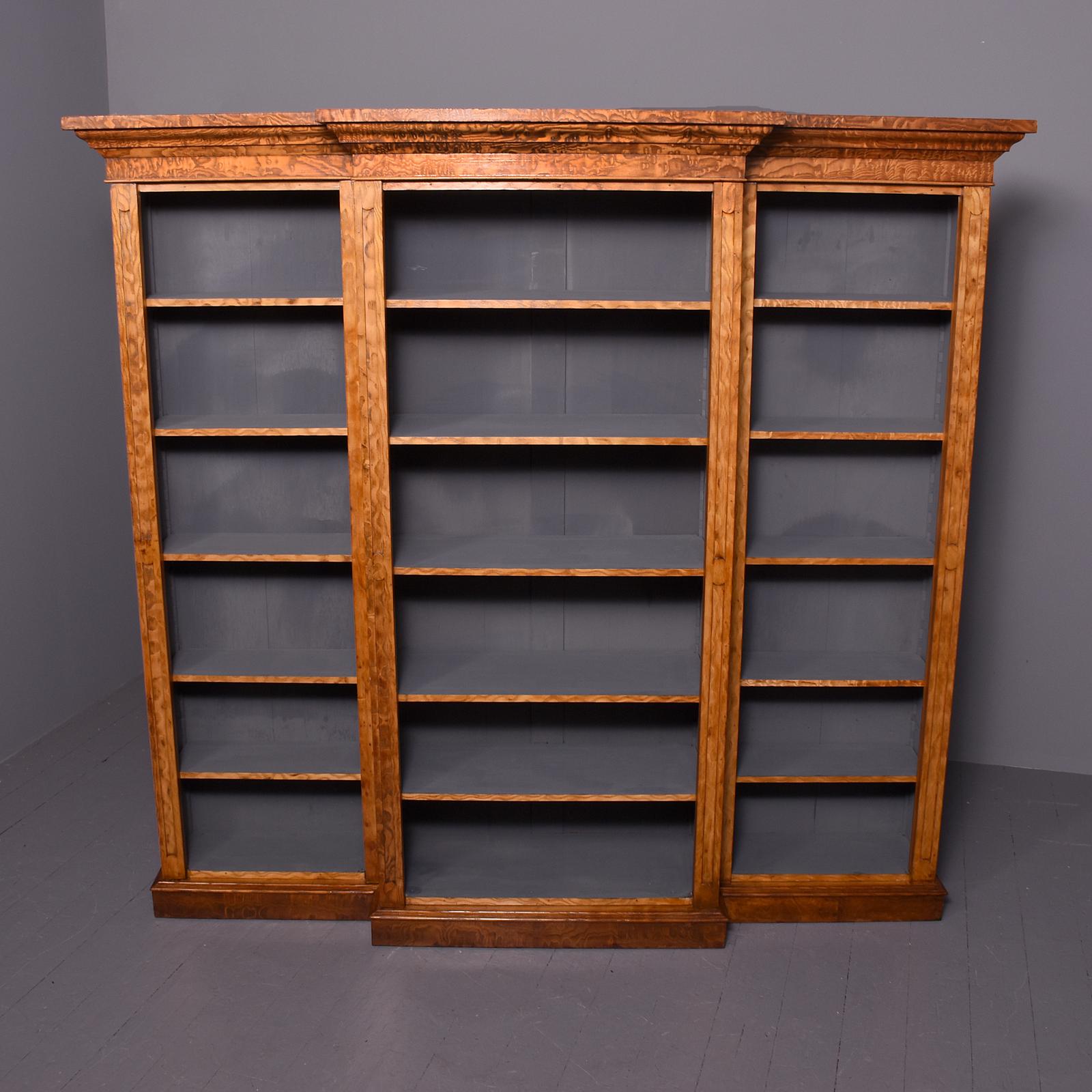 Mid Victorian Tall, Figured Golden Elm Breakfront, 3-section Open Bookcase (1 of 7)