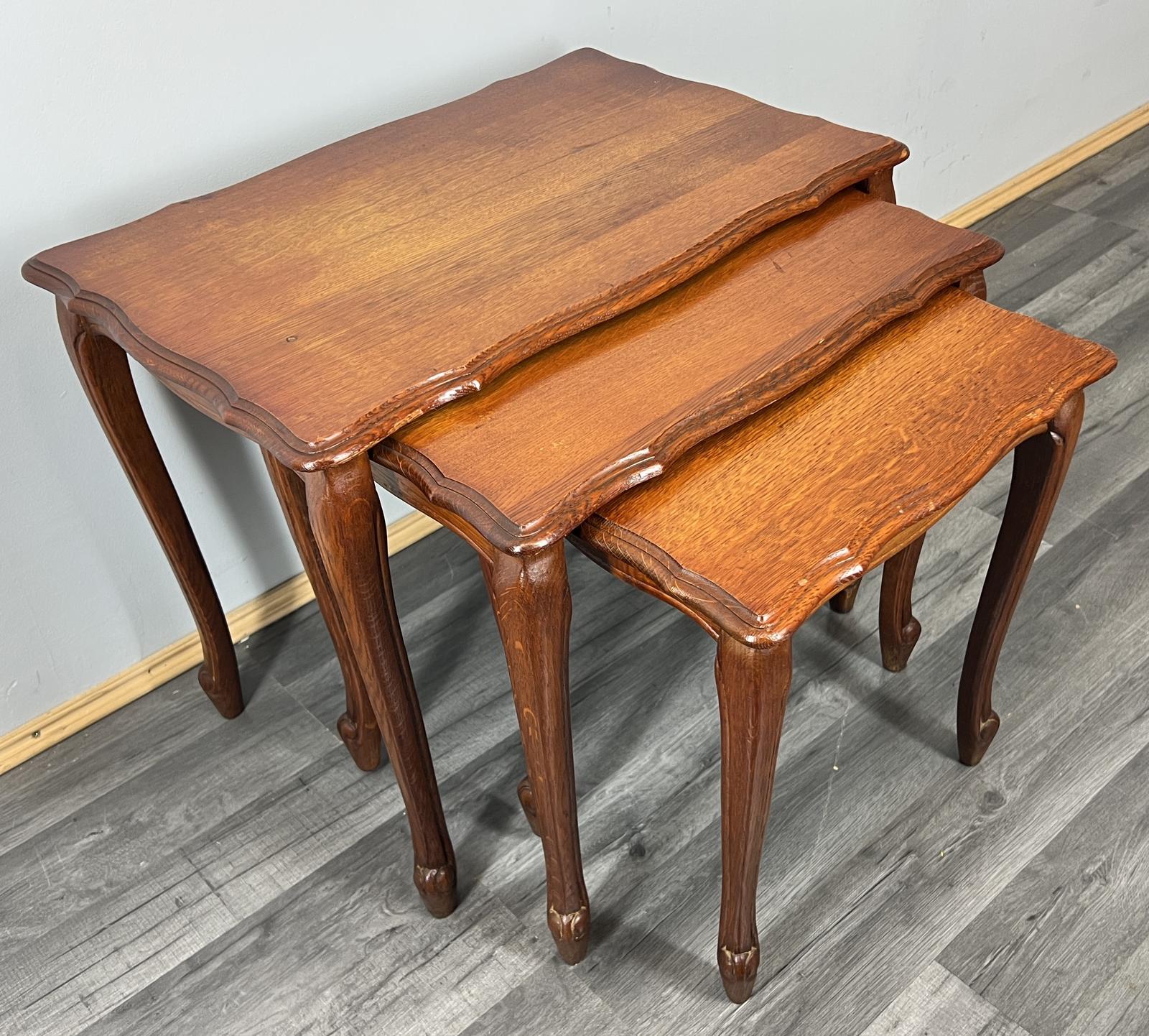 Vintage French Style Oak Set of Three Nested Carved Tables (1 of 9)