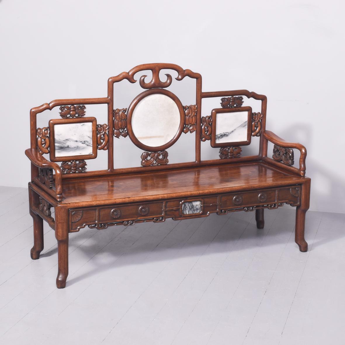 Rare Qin Dynasty Chinese Marble-inset Carved Huanghuali Hall Bench (1 of 11)