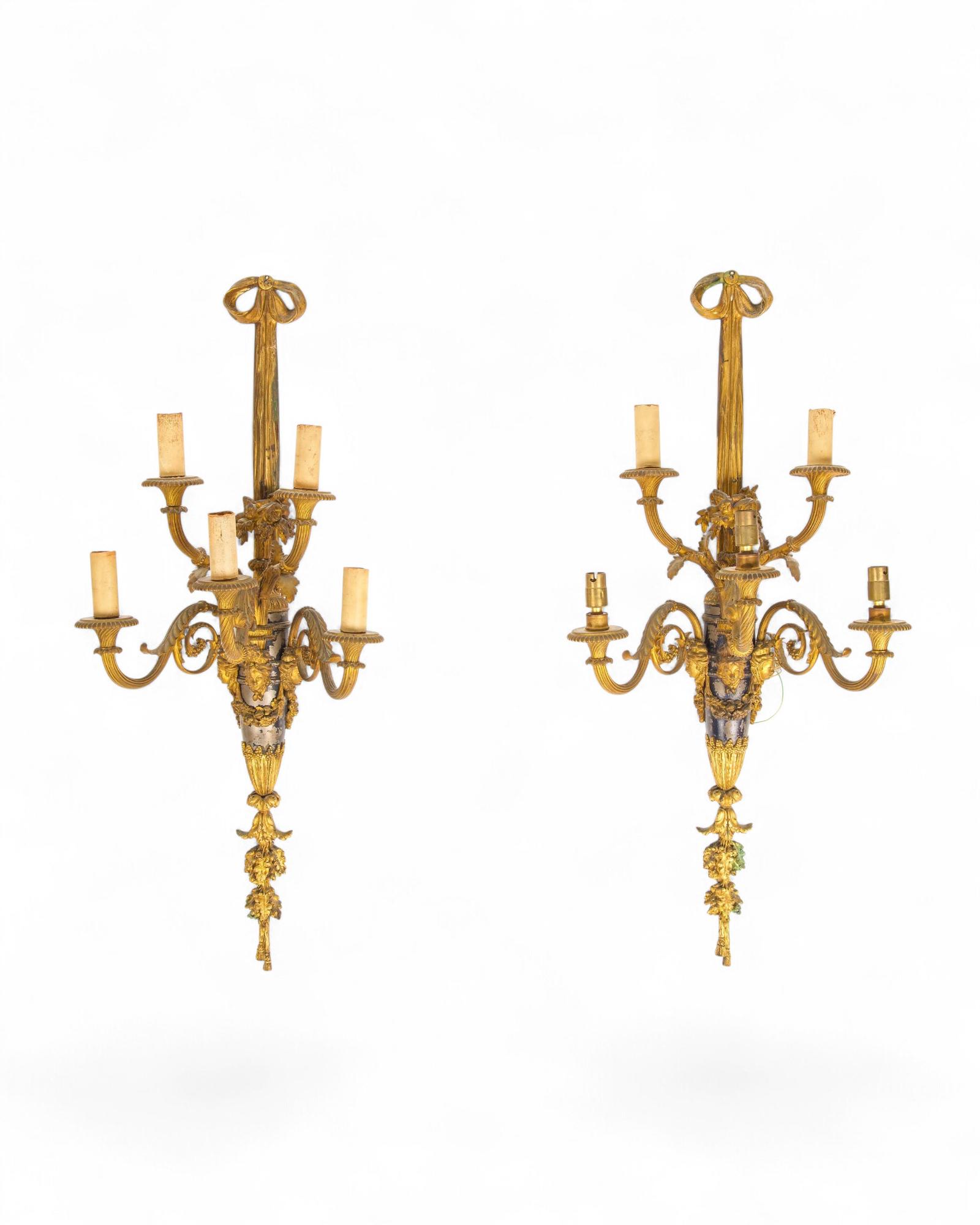 Rare Pair of Gilt-Bronze Five-light Wall Light Sconces by Henri Vian of Paris - Stamped (1 of 9) Rare Pair of Gilt-Bronze Five-light Wall Light Sconces by Henri Vian of Paris - Stamped (1 of 9)