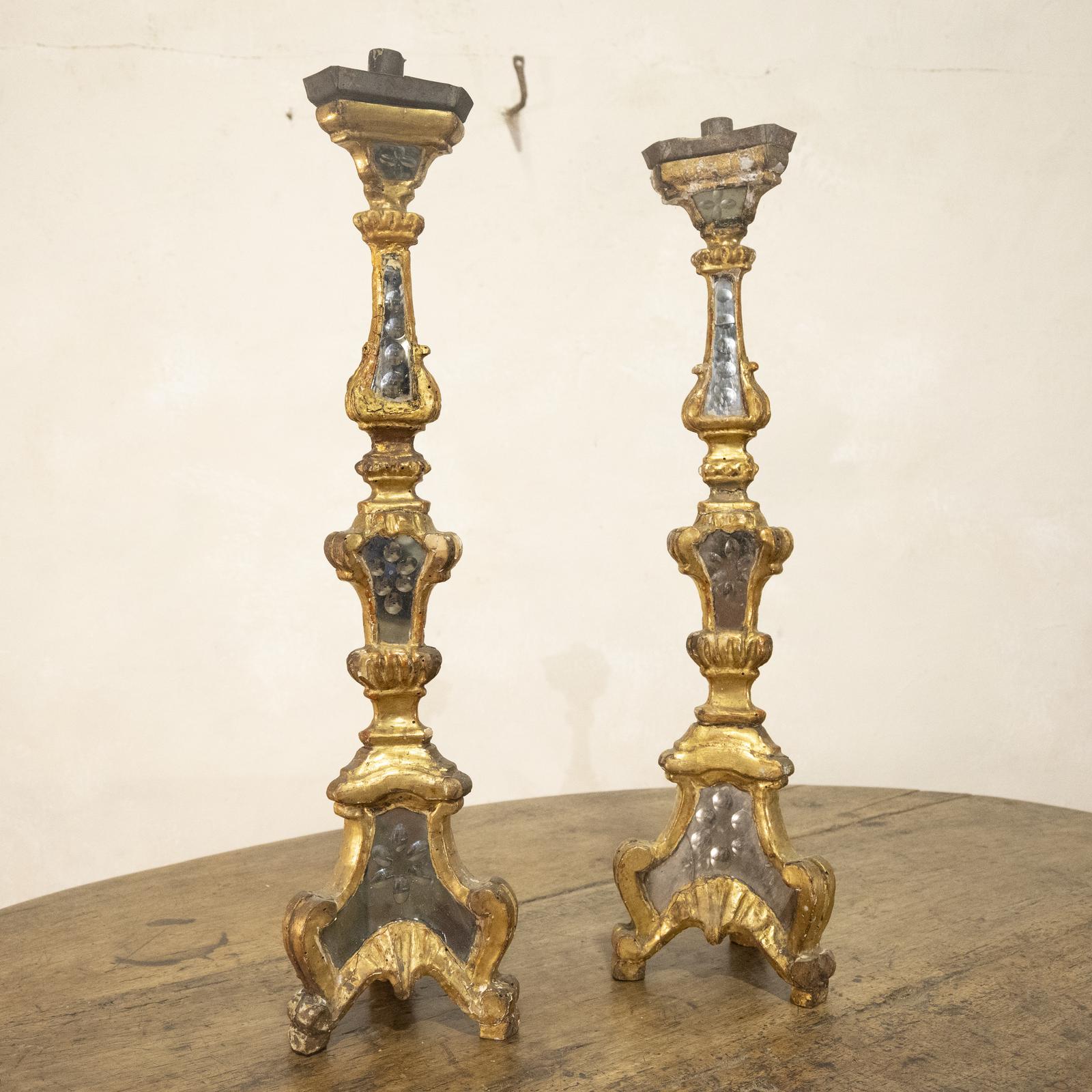 Pair of 18th Century Gilded & Mirrored Glass Venetian Altar - Candlestick (1 of 4)