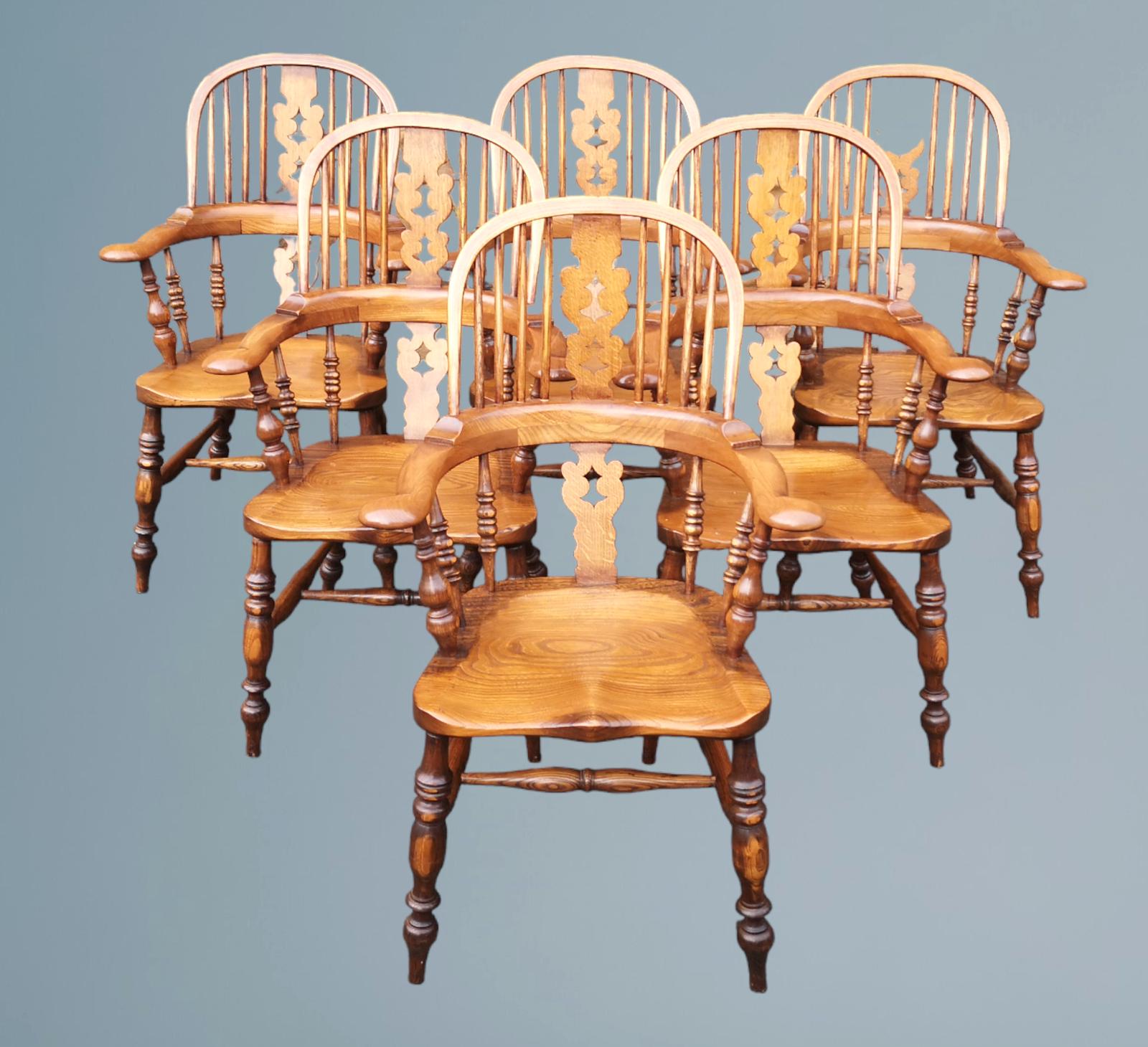 Set of Six Ash & Elm Broad Arm High Back Windsor Armchairs (1 of 20)