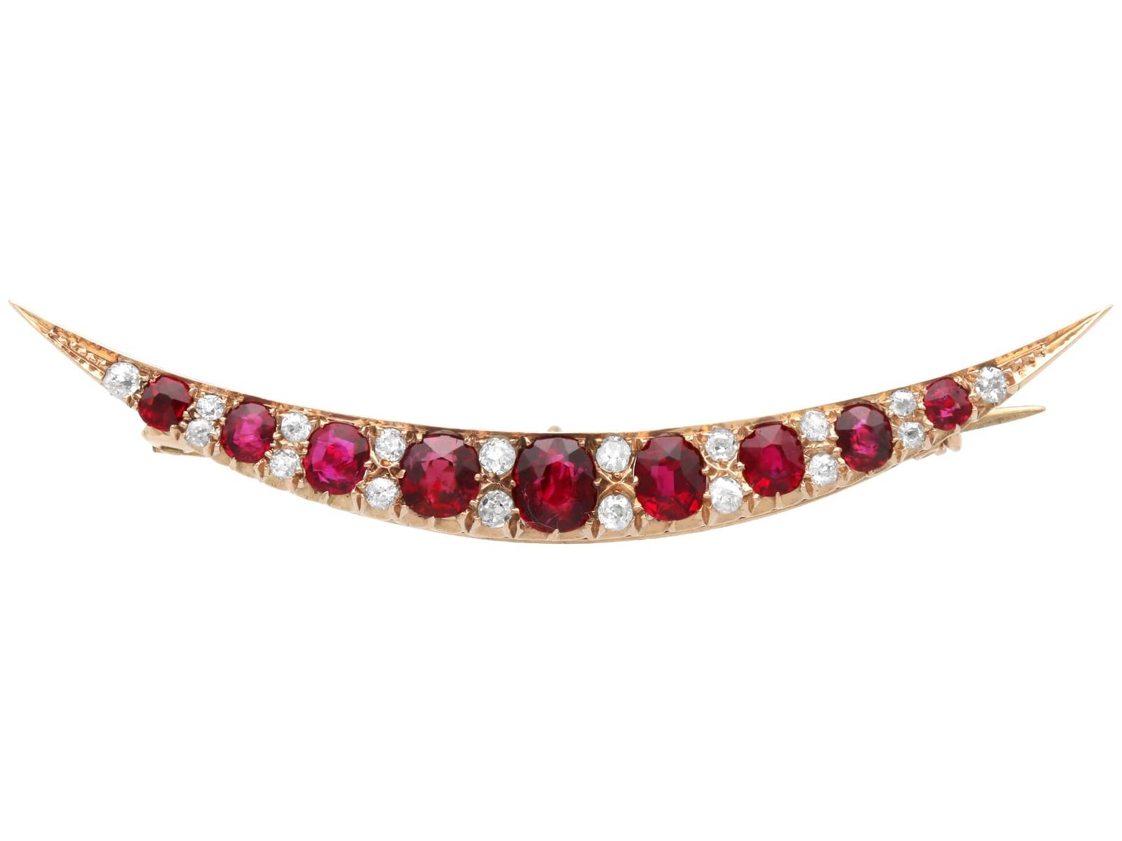 Antique 2.80ct Ruby, 0.50ct Diamond & 9k Rose Gold Crescent Brooch c.1910 (1 of 11)