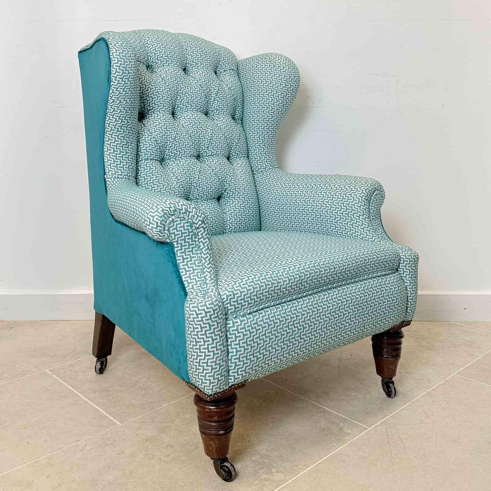 Victorian Wingback Armchair, Reupholstered in Teal Fabric (1 of 18)