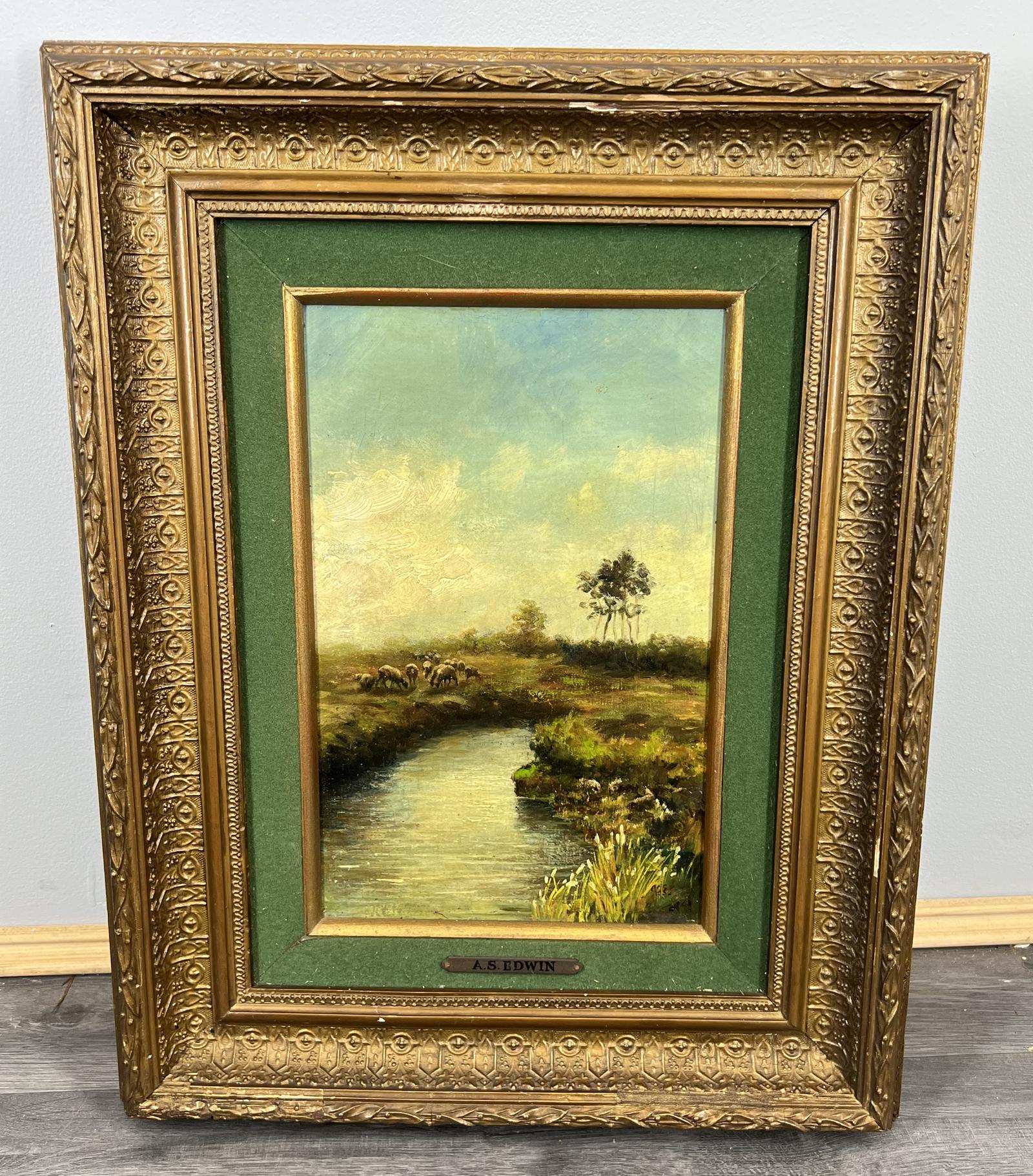 Vintage Oil Painting Landscape Sheep River Scene Signed 1930 A.S. Edwin (LOT 3879) (1 of 15) Vintage Oil Painting Landscape Sheep River Scene Signed 1930 A.S. Edwin (LOT 3879) (1 of 15)