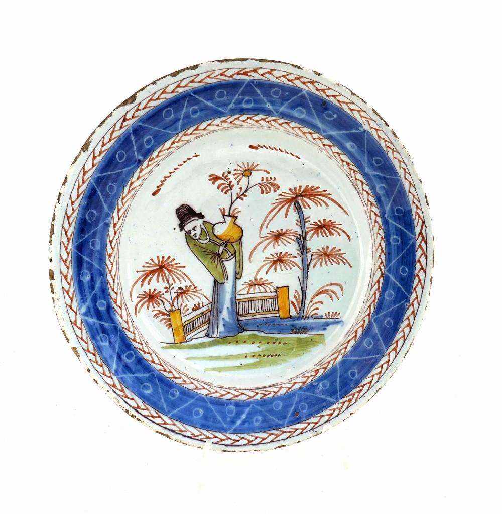 Antique Early Pottery 18th Century Delft Polychrome Plate With Oriental Figure Carrying Flowers - Dutch 1780-1790 (1 of 3) Antique Early Pottery 18th Century Delft Polychrome Plate With Oriental Figure Carrying Flowers - Dutch 1780-1790 (1 of 3)