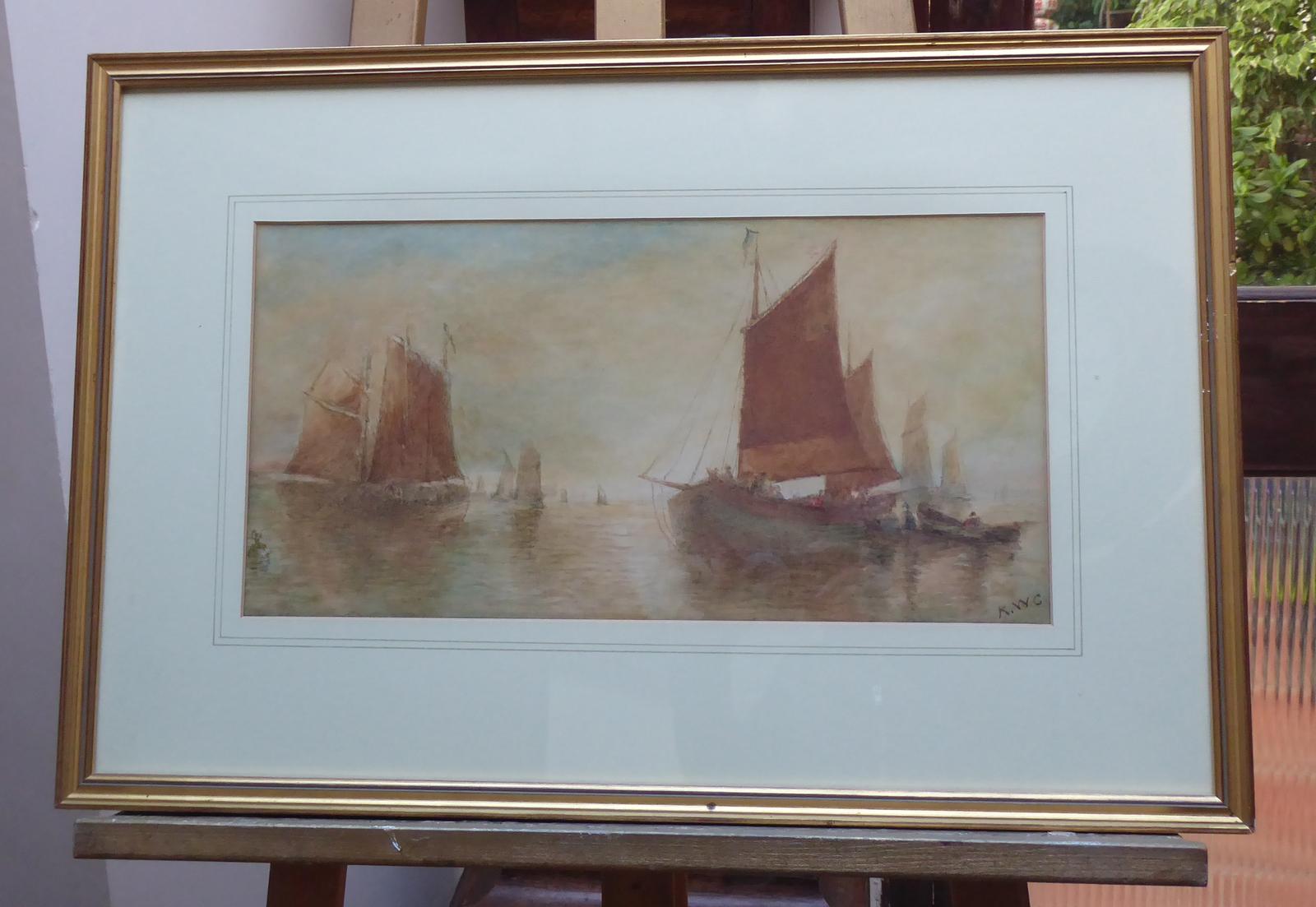 Watercolour Boats in the Mist Monogrammed K.W c.1900 (1 of 13)