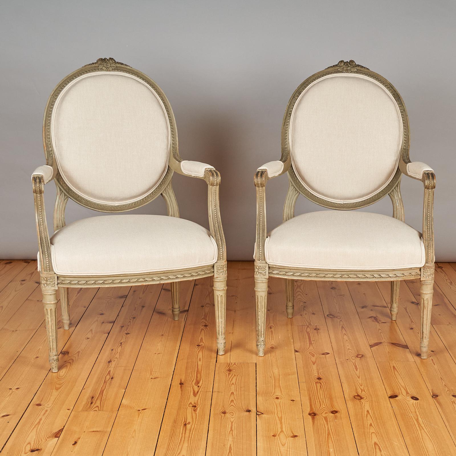 Pair of Large French Louis XVI Style Painted Upholstered Armchairs (1 of 11) Pair of Large French Louis XVI Style Painted Upholstered Armchairs (1 of 11)
