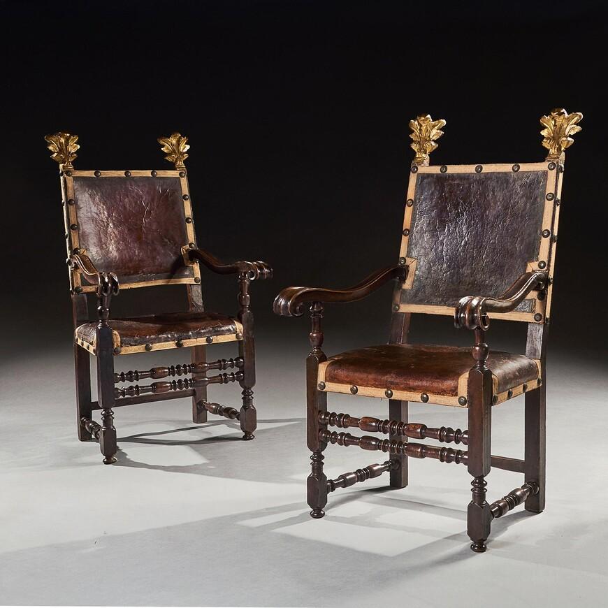 Pair of 17th Century Italian Baroque Parcel Gilt Walnut Leather Armchairs (1 of 7)