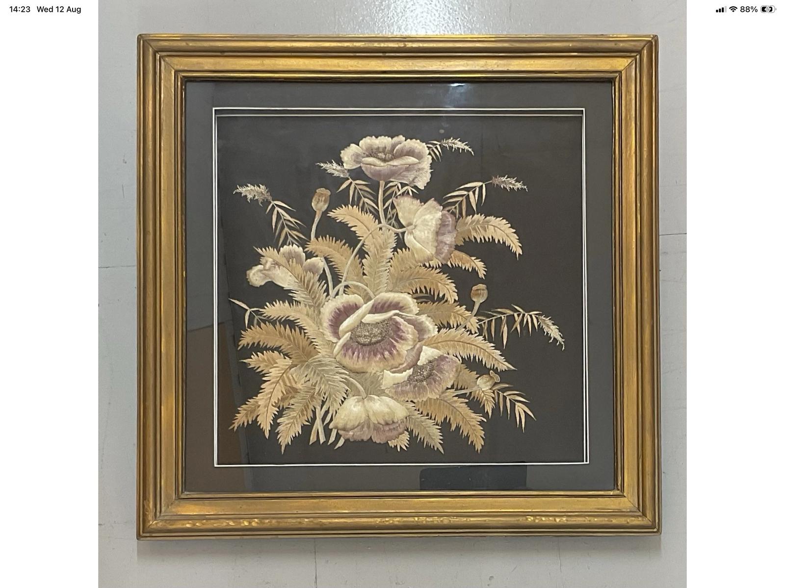 Victorian Stumpwork Embroidery of Floral Arrangements in Giltwood and Glass Frame Antique C1880 (1 of 6) Victorian Stumpwork Embroidery of Floral Arrangements in Giltwood and Glass Frame Antique C1880 (1 of 6)