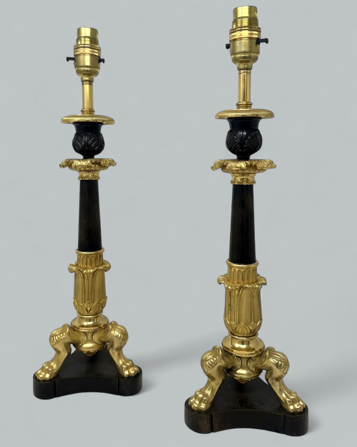 Antique Pair French Doré Bronze Neoclassical Ormolu Gilt Candlesticks Table Lamps (1 of 9)