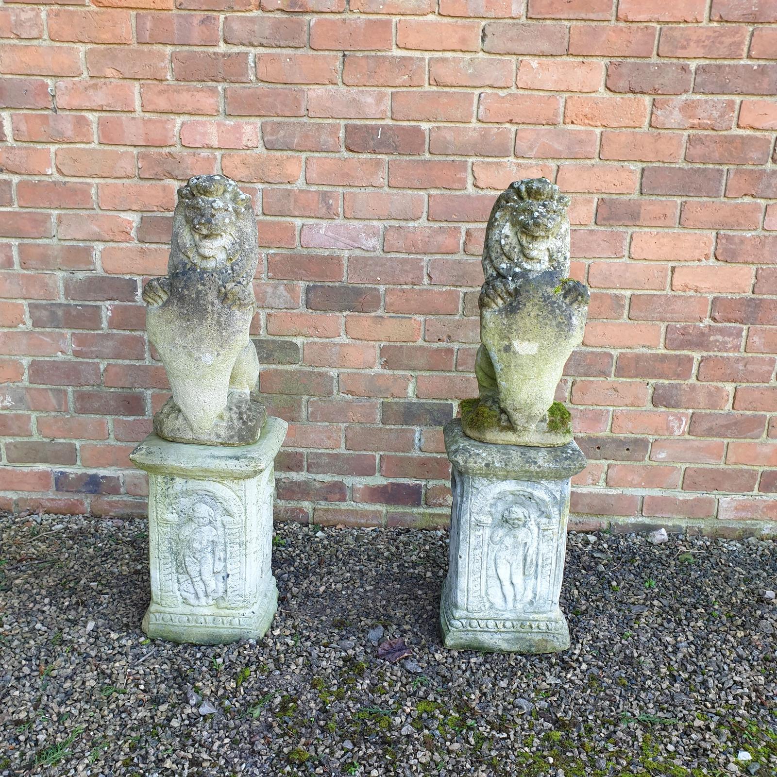 Pair Stone Seated Lions on Plinths (1 of 6)