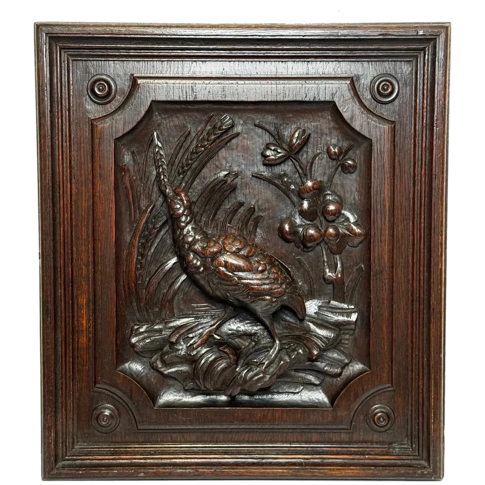 Carved Tiger Oak Pugin Wall Hunting Sculpture Grouse in Wetlands (1 of 50)