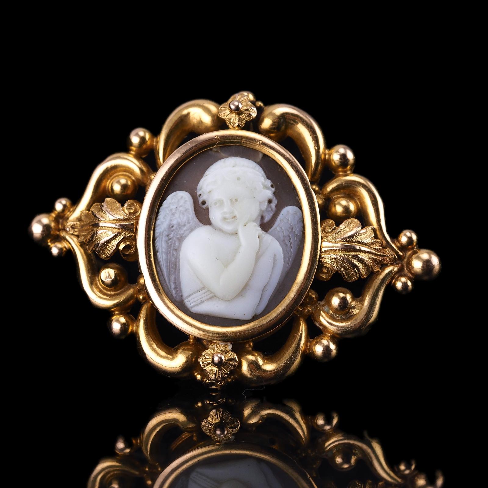 Antique Victorian Cherub Cameo Brooch 18K Gold Ornate Frame - c.1860 (1 of 17)