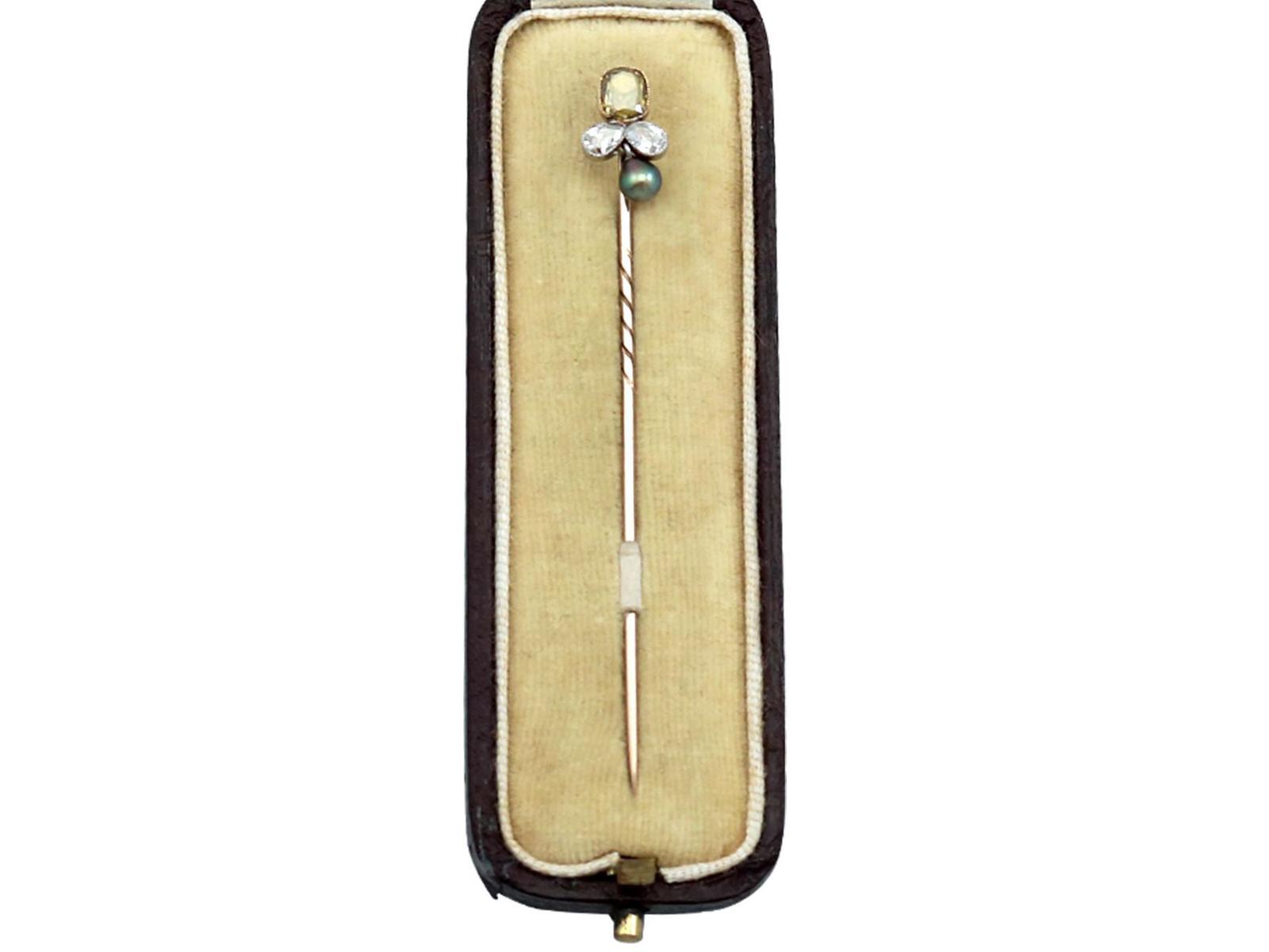 0.99ct Diamond, Cultured Pearl and 18 ct Yellow Gold Pin Brooch - Antique Circa 1900 (1 of 12)