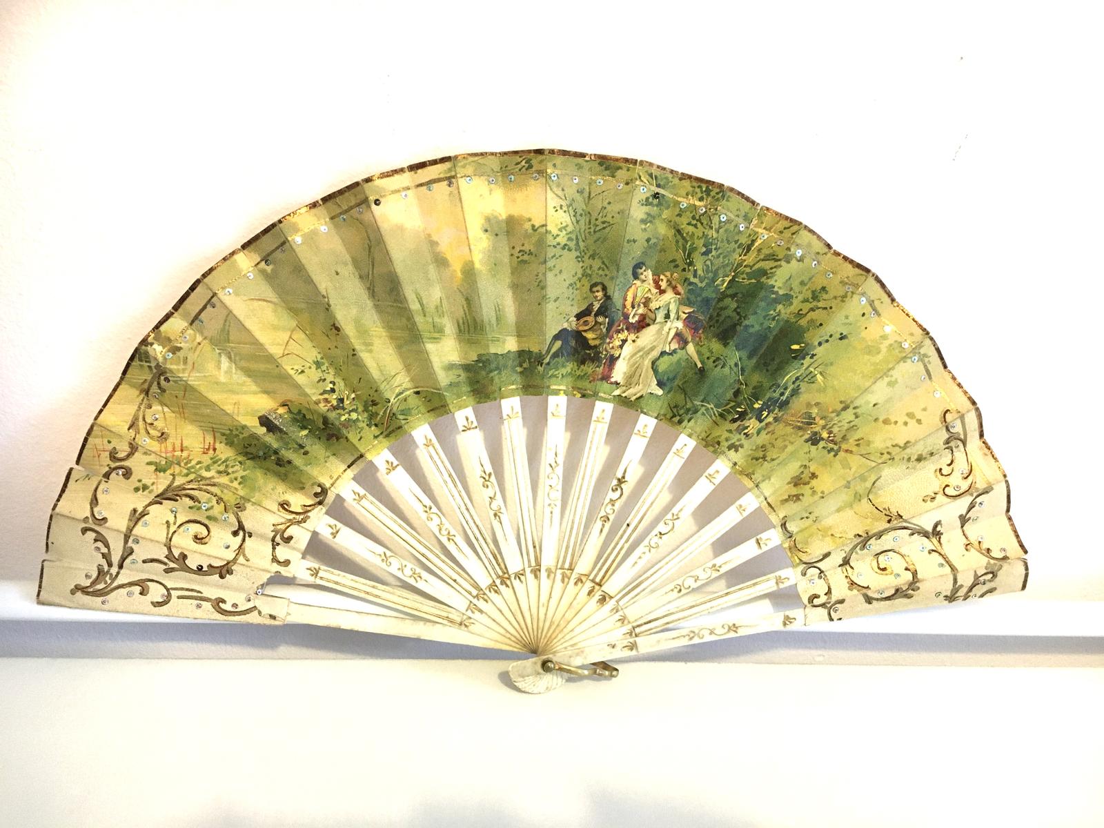 Victorian Printed Romantic Pictorial Fan with Decorated Bone Sticks (1 of 5)