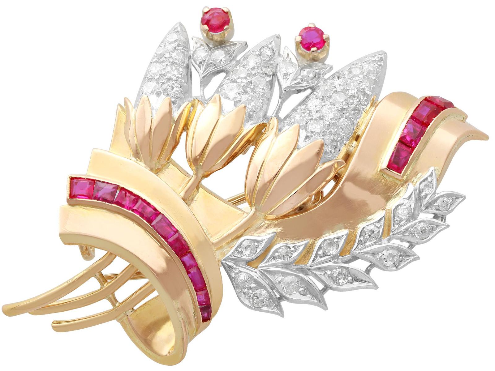 Vintage 1.38ct Ruby & 1.92ct Diamond, 18ct Rose Gold Spray Brooch c.1950 (1 of 9)