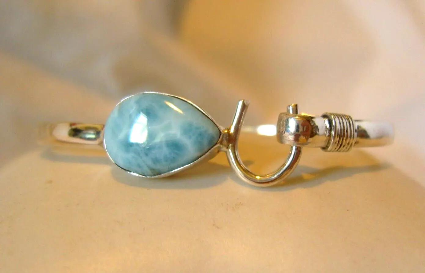 Horseshoe Silver Bangle Vintage 1970s Larimar Stone Equestrian Bracelet 6 1/2" Length (1 of 13)
