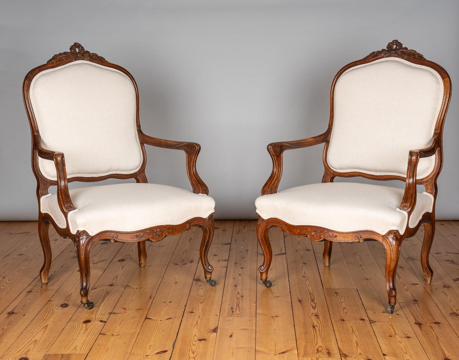 Pair of Large 19th Century French Louis XV Style Walnut Armchairs (1 of 10)