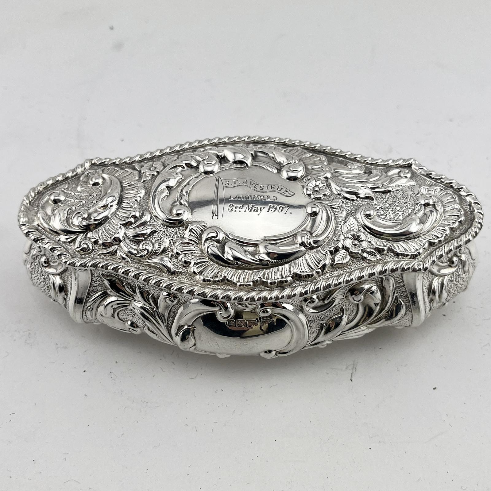 Edwardian Sterling Silver Jewellery or Trinket Box with Nautical Inscription (1 of 7)