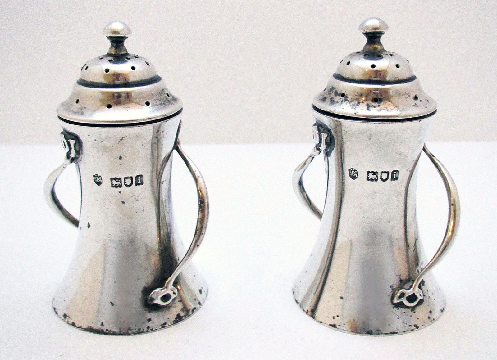 Rare Pair of Antique Arts & Crafts Solid Sterling Silver Pepper Shaker Pots, Edward Barnard 1904 (1 of 7)